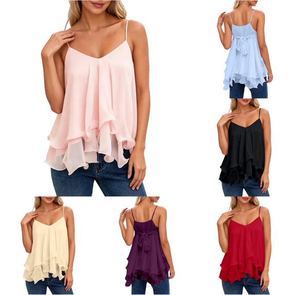 Rggeeun Women Tank Tops Flowy Camisole Spaghetti Strap V Neck Loose Solid Color With Layered Ruched Ruffle For Summer Evening Party Casual Sleeveless,Pink,Xl