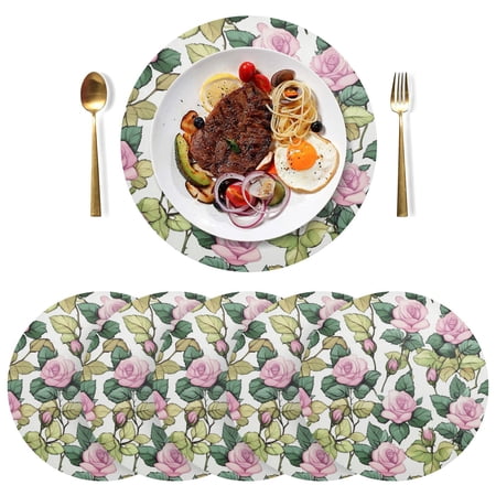 Qxltty 15inch Round Placemats Set of 6 Polyester Fabric Heat Resistant Washable Table Mat for Kitchen Party Decor Pink Roses
