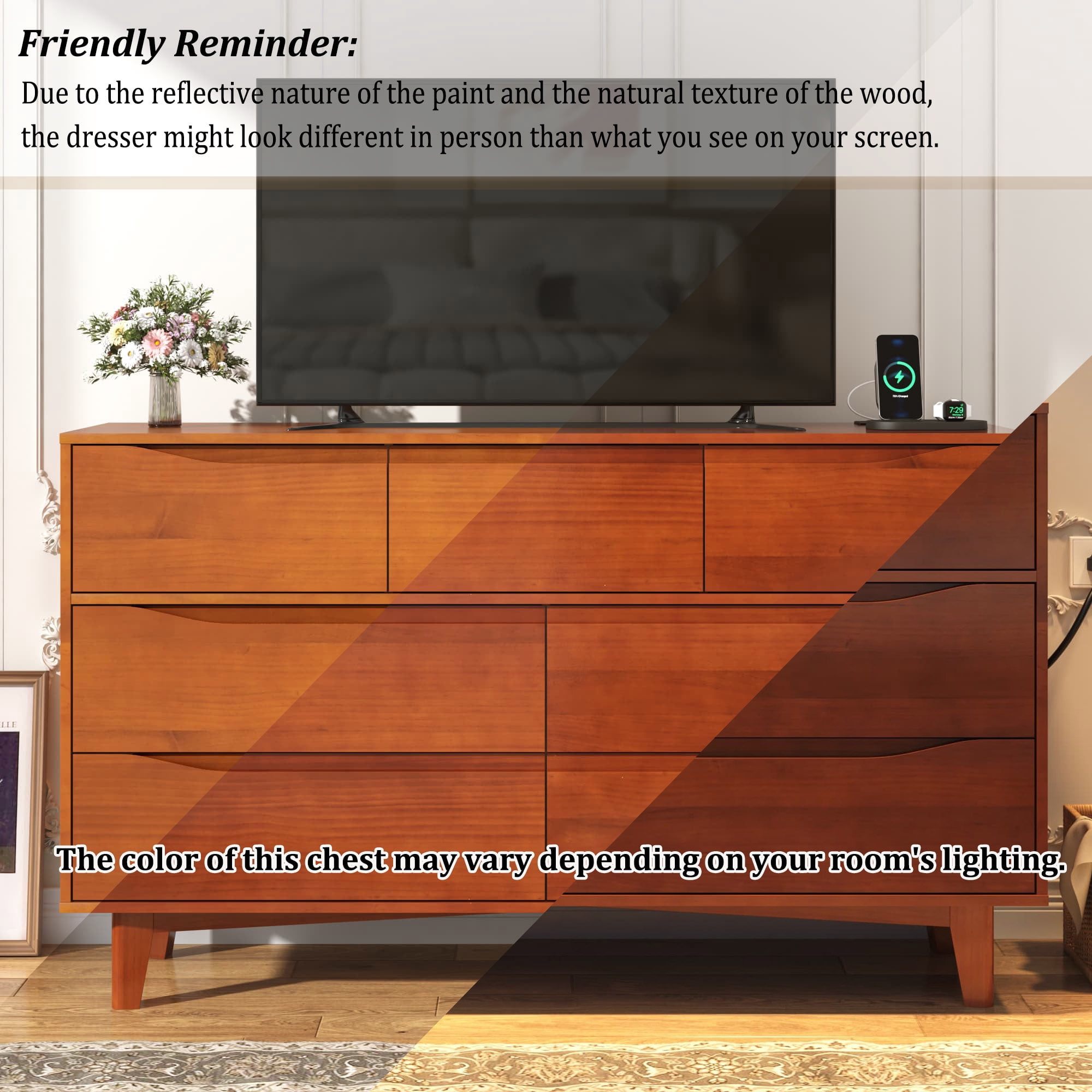 ChVans 7 Drawer Dresser with Power Outlets, Solid Wood Dresser for Bedroom, Mid-Century Modern Closet Dresser w/ Groove Handle for Living Room Hallway Entryway