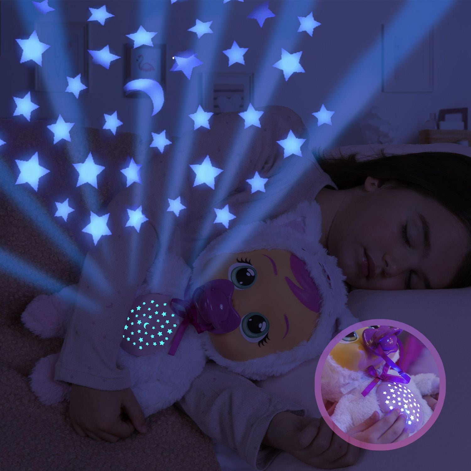 Cry Babies Goodnight Starry Sky Daisy - 12" Bedtime Baby Doll | Plays 5 Lullabies and Night Light Starry Sky Projection
