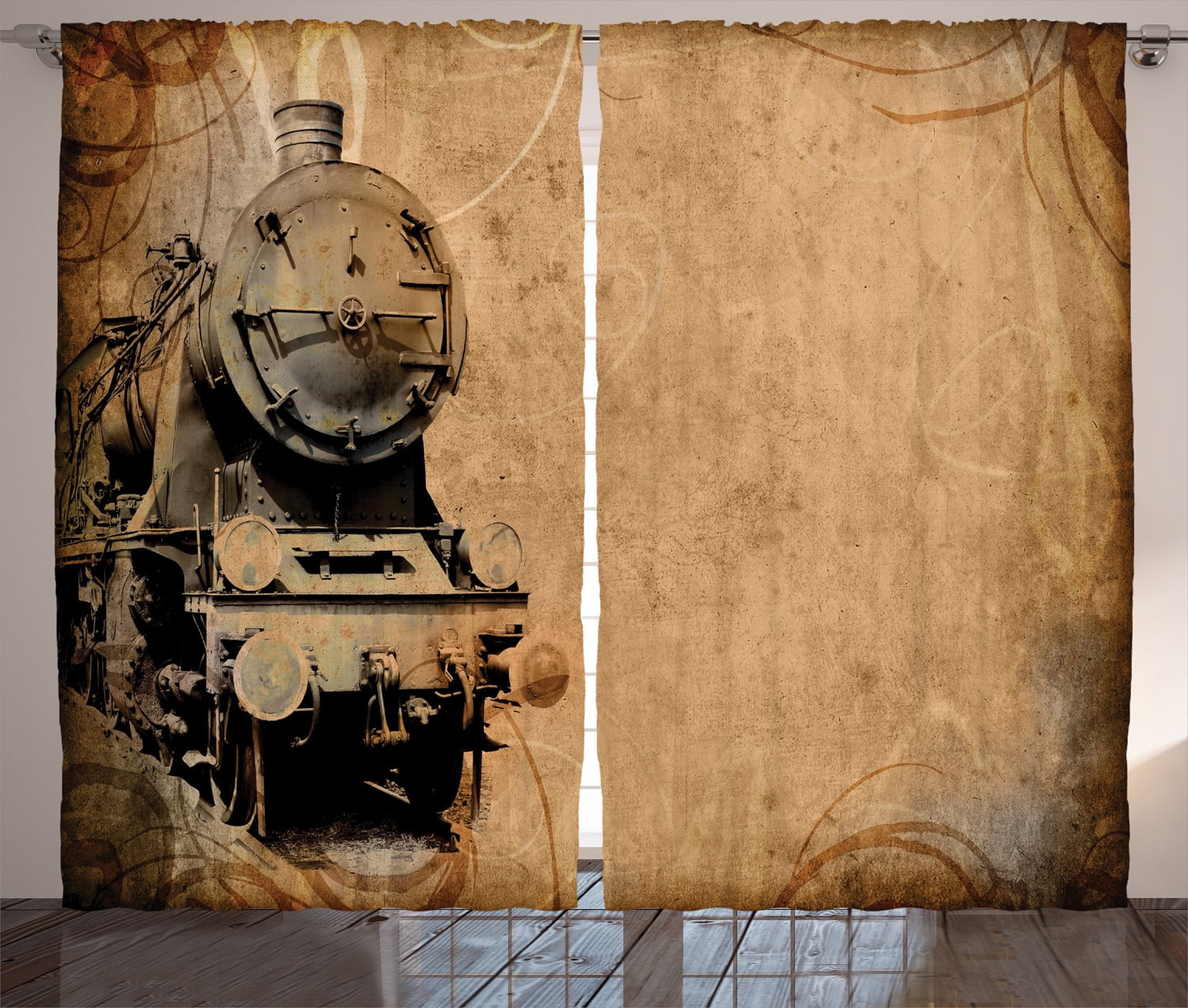 Steam Engine Curtains 2 Panels Set, Antique Old Iron Train Aged Sepia