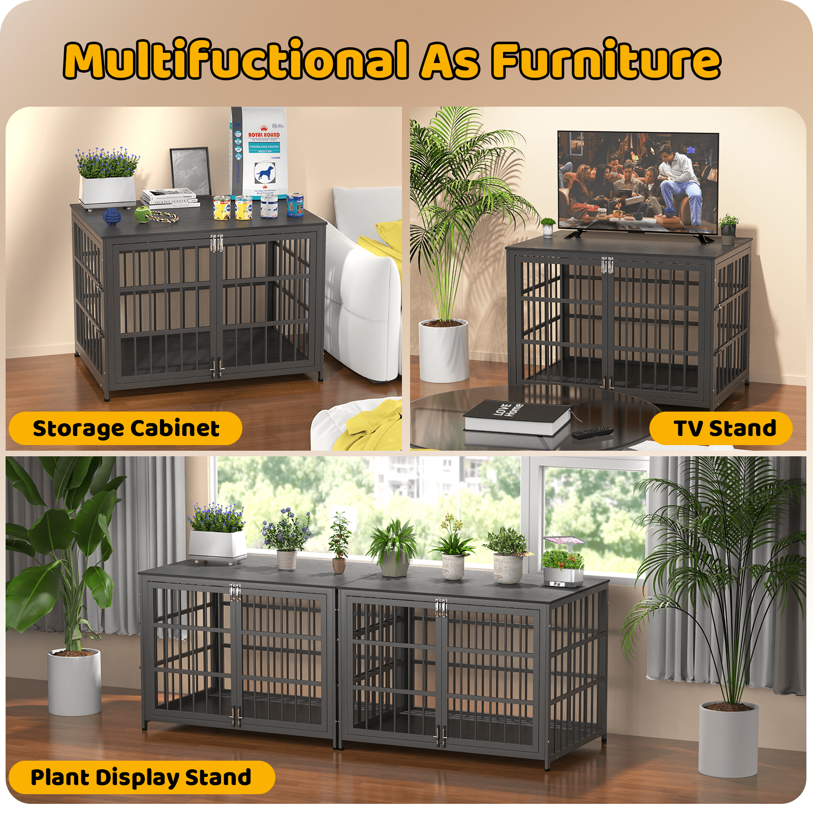 Ironovahome 42" Heavy Duty Dog Crate Furniture, Chew-Proof & Escape-Proof Wooden Dog Cage with Safe Locks & Double Doors, XL Indoor Dog Kennel Pet House for Large Dogs Up to 85lb, Black