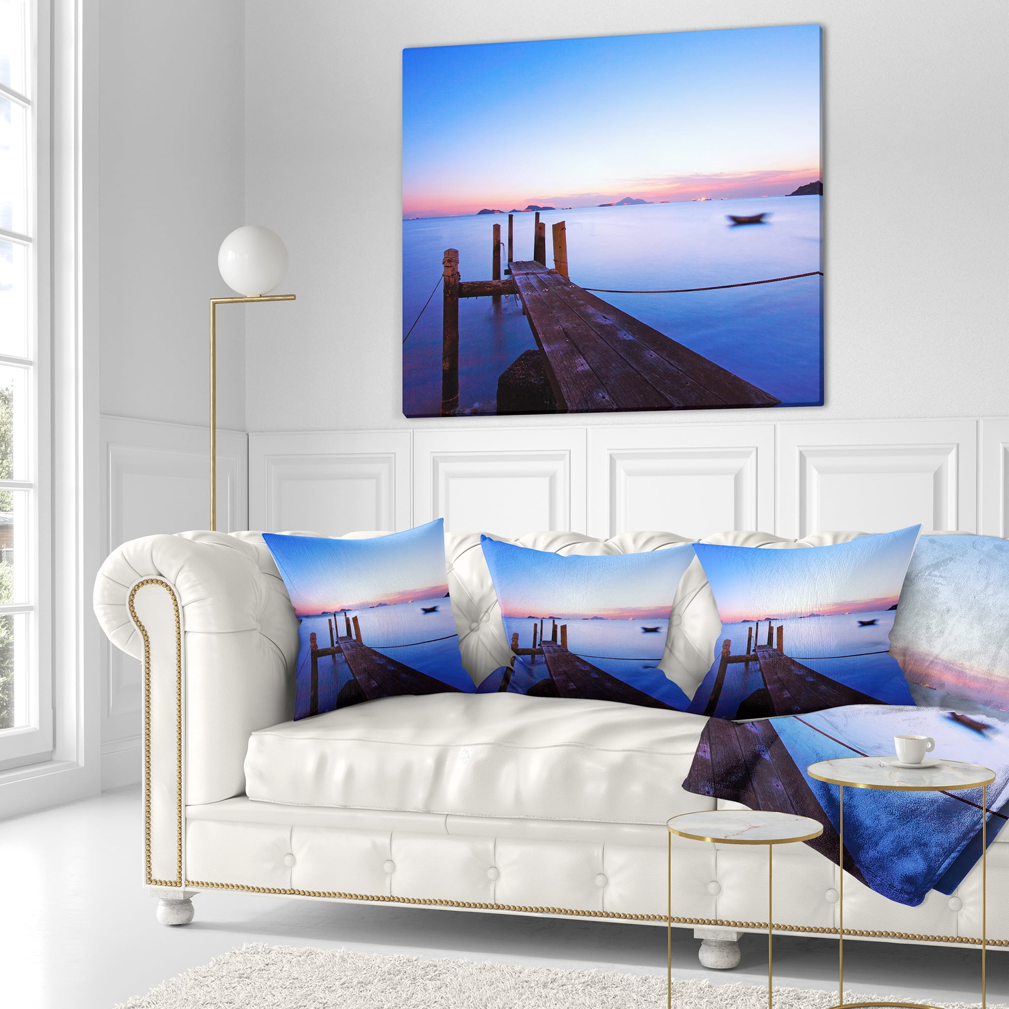 Designart Wooden Pier at Dusk - Seascape Photography Throw Pillow - 16x16