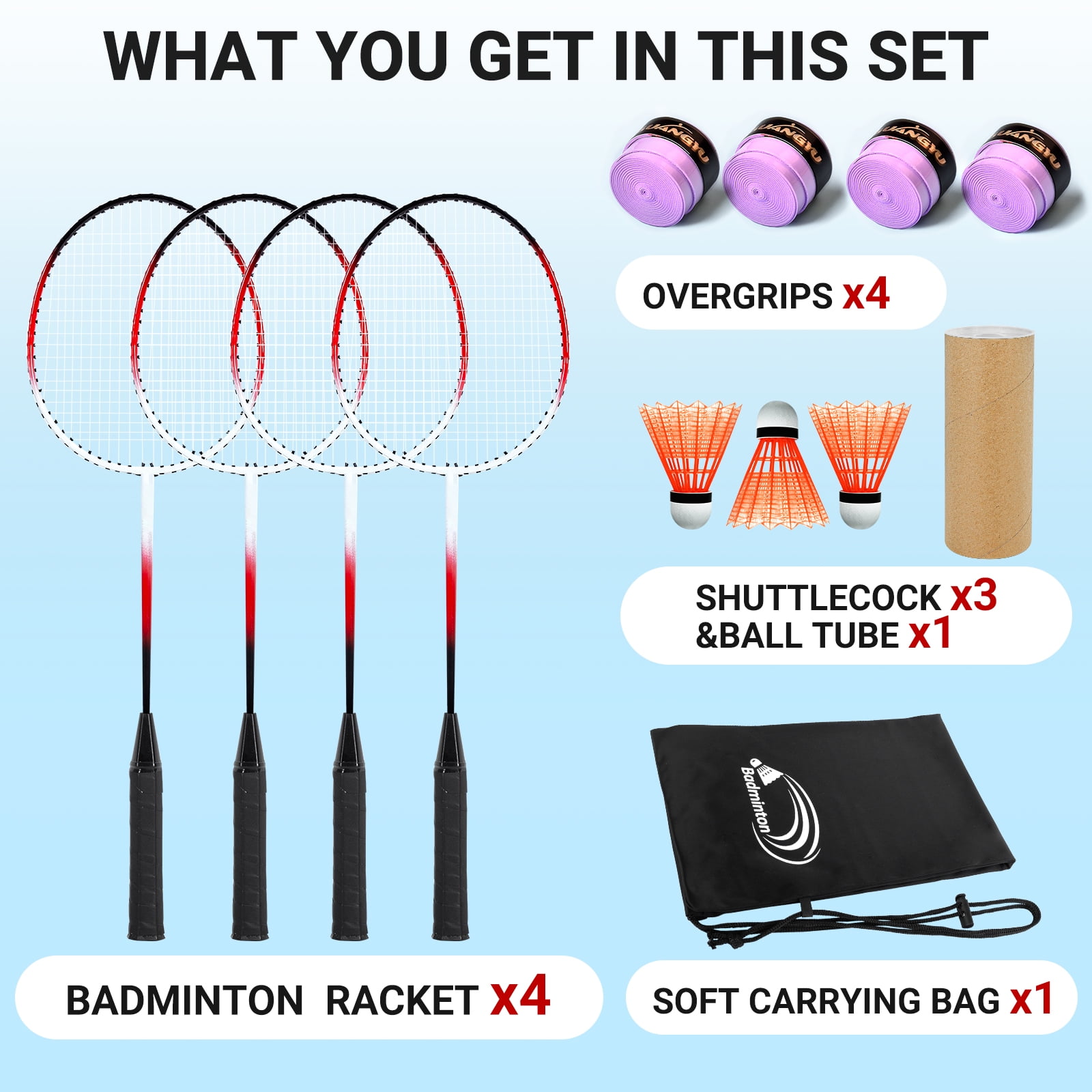 CureCalor Badminton Racket Set for 4 Players, 4 Racquets, 3 Shuttlecocks 4 Overgrips with Carry Bag
