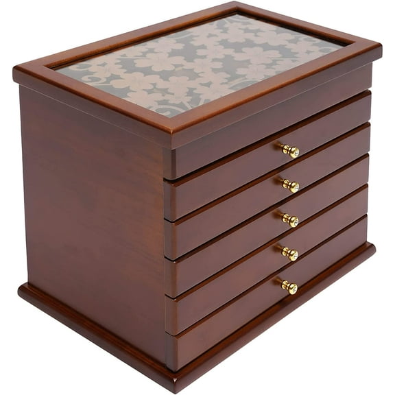 MONIPA 6 Layers 5 Drawers Wooden Jewelry Box Large Jewelry Organizer Wooden Storage Box Case for Rings, Necklaces, Earrings, Bracelets Christmas Gift (Brown)