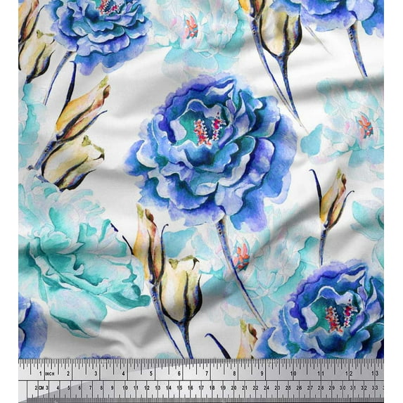 Soimoi Blue Silk Fabric Floral Printed Fabric 1 Yard 42 Inch Wide