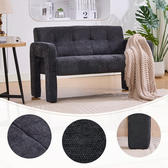 MOONMISS Chenille Upholstered Tufted Comfortable Wood Frame Loveseats Sofa with Dual Armrests-Black