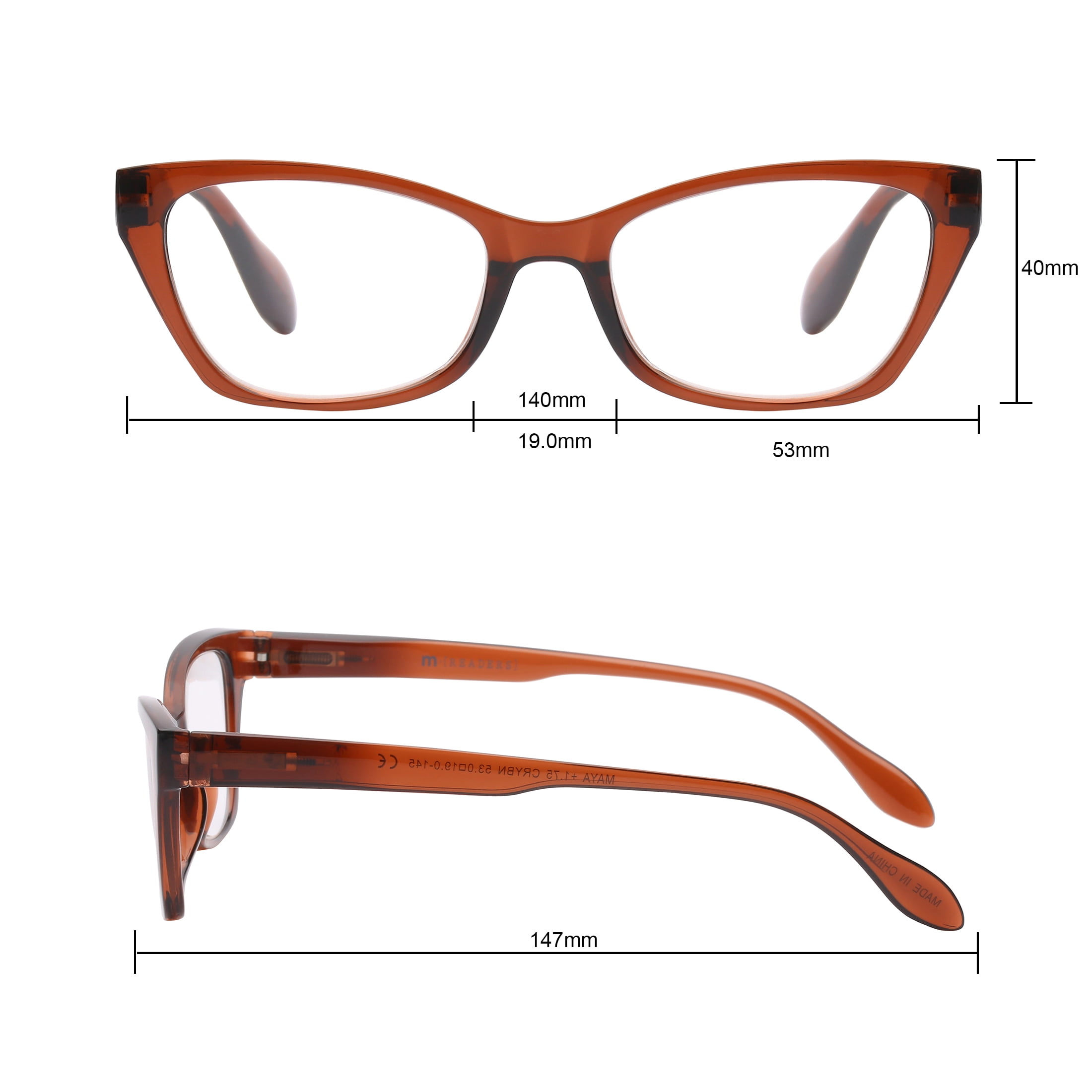 M+ Womens Spring Hinge Plastic Reading Glasses Crybn 1.75 Maya in Crystal Brown with Pouch