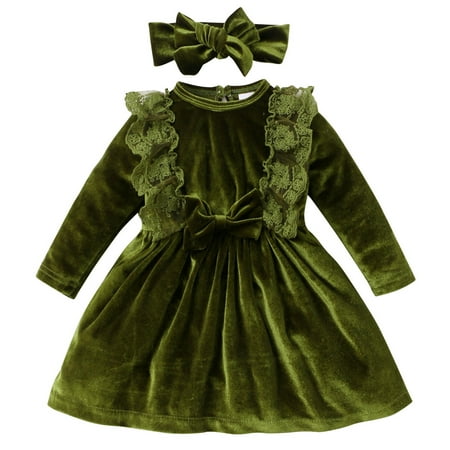 

IDOPIP Baby Girls Toddler Velvet Dress Ruffle Long Sleeve Princess Pageant Birthday Party Dresses Headband 2PCS Winter Fall Dress Clothes Infant Playwear Gown Outfits 6-9 Months Green