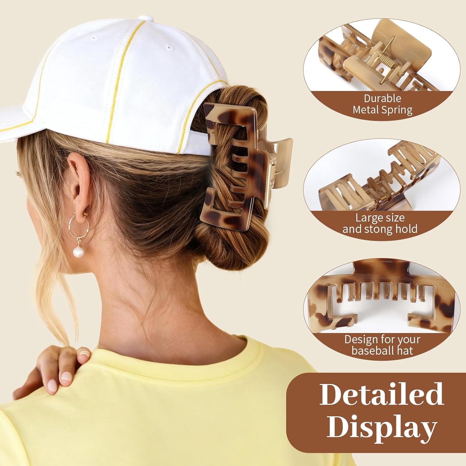4 PCS Tortoise Shell Hair Claw Clips for Baseball Caps – Adjustable Non-Slip Strong Hold for Trucker Hats, for Thick & Thin Hair, Gift Hair Accessories