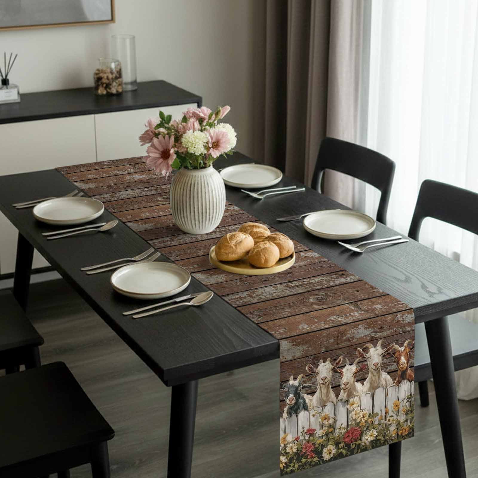 Goats Table Runner, Retro Farmhouse Fence Floral Wood Grain Washable Cotton-linen Table Runners Dining Kitchen Decoration for Everyday Home Wedding Party Decor, 13 x 108 Inch