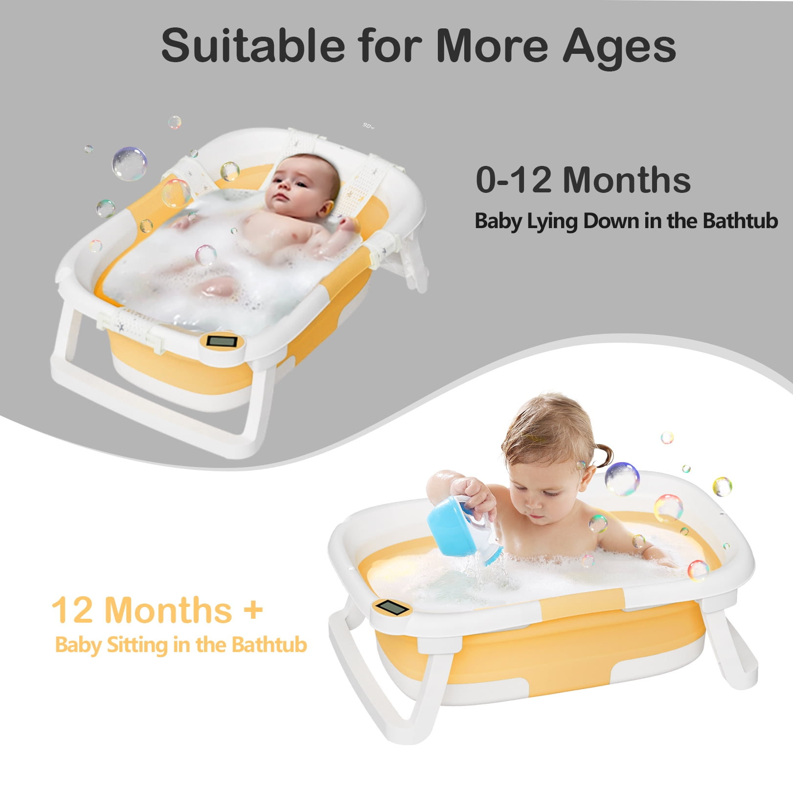 TUMAJUP Collapsible Baby Bathtub for Infants and Toddlers with Bath Net and Thermometer-Yellow