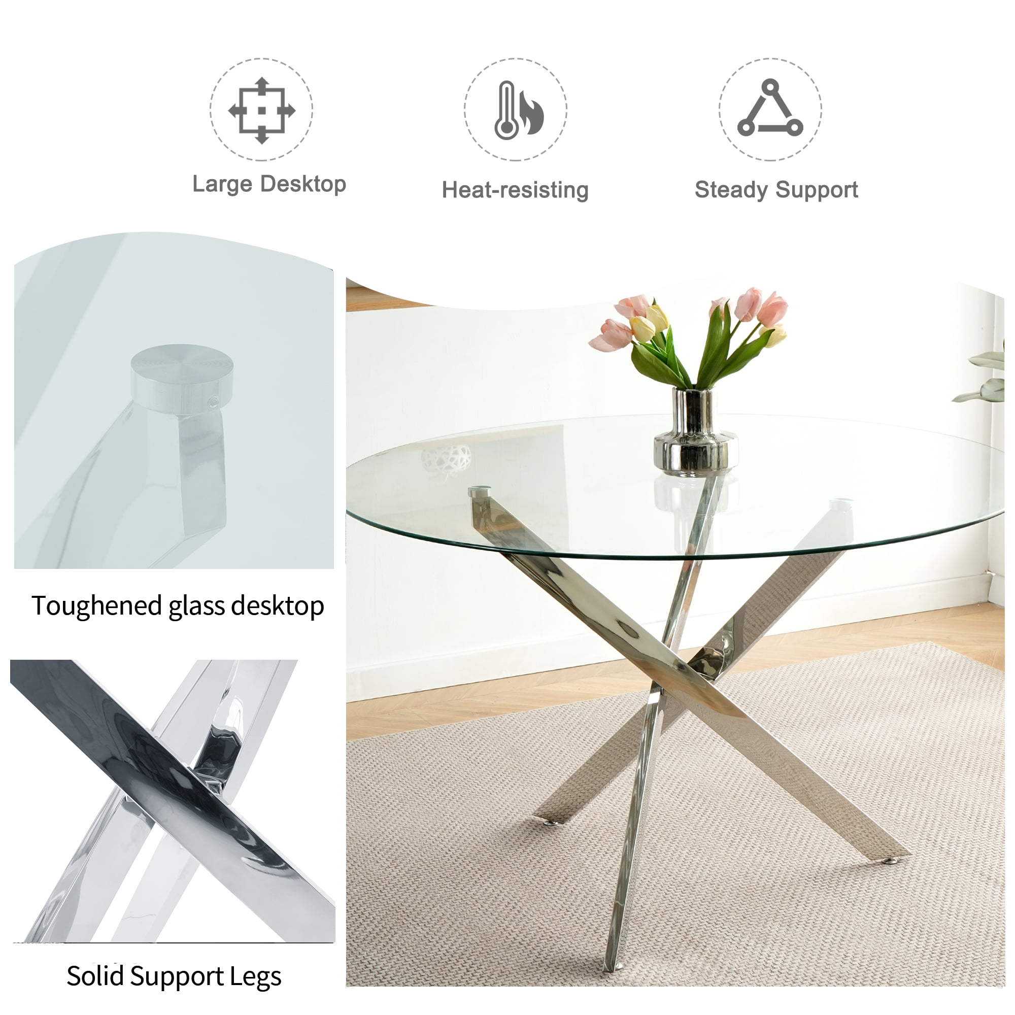 47" Modern Round Glass Dining Table Set with 4 PU Leather Chairs,Silver Leg Glass Table with 4 Beige C-shaped Chairs with Silver Leg