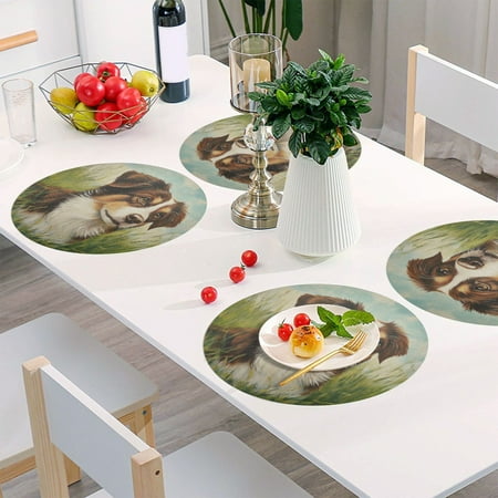 

Round Grid Placemat One Sizex4 Round Placemat PVC Plate Mat，15.4 Inch Non-Slip and Heat Resistant Table Placemat Dining Room Placemat Meadow Puppy
