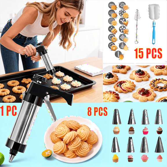 Spritz Cookie Press Gun Kit,Butter Cookie Press with 13 Discs & 8 Icing Nozzles for DIY Christmas Cookies and Decorating Cakes,Gifts for Women(Comes with 2 Cleaning Brush)