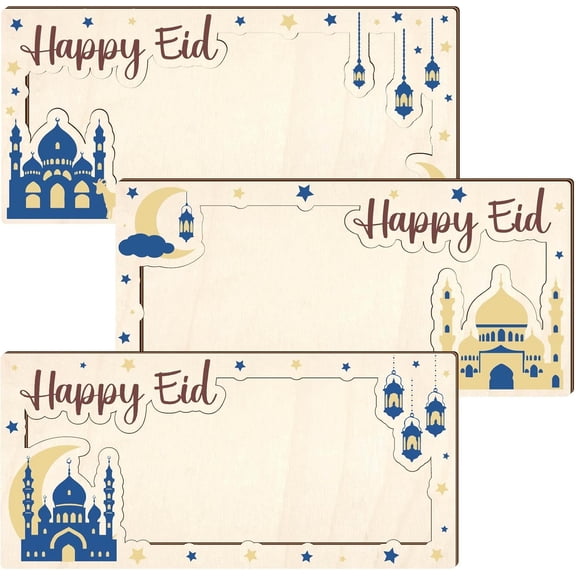 3Pcs Wooden Money Holders for Cash Eid Money Holder Star Moon Building Ramadan Poplar Plywood Envelope Card Cash Wallet