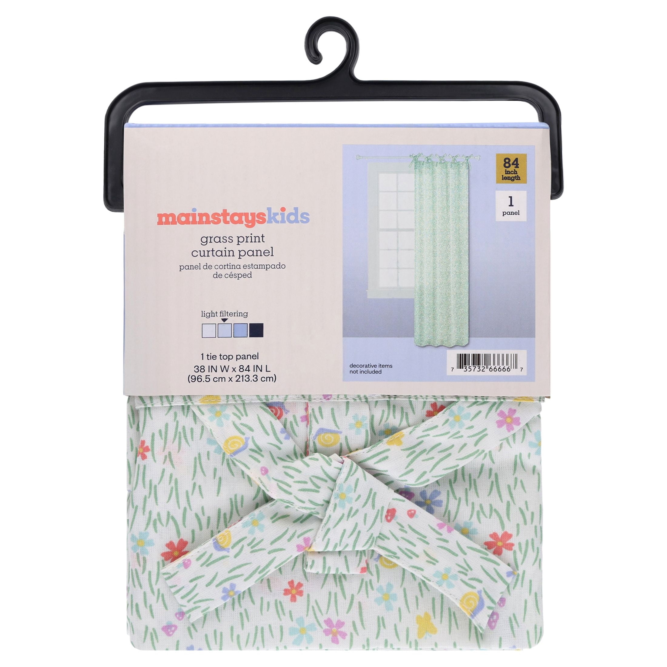 Mainstays Kids Meadow Print Light Filtering Tie Top Single Curtain Panel, 38 in W x 84 in L
