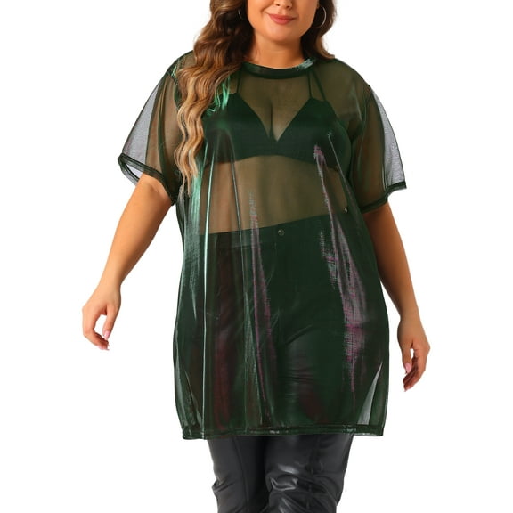 Agnes Orinda Plus Size Party Tops for Women Sheer Mesh Holographic Short Sleeve Crew Neck Long Blouse