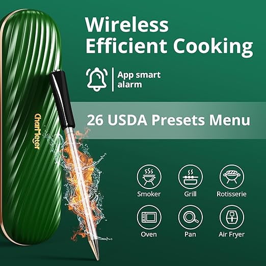 Wireless Meat Thermometer INT-11X-B, Bluetooth Meat Thermometer for Grilling and Smoking, App Remote Control, IP67 Waterproof, 25 Hours of Continuous Cooking, Stylish Gift for Men Women,Green
