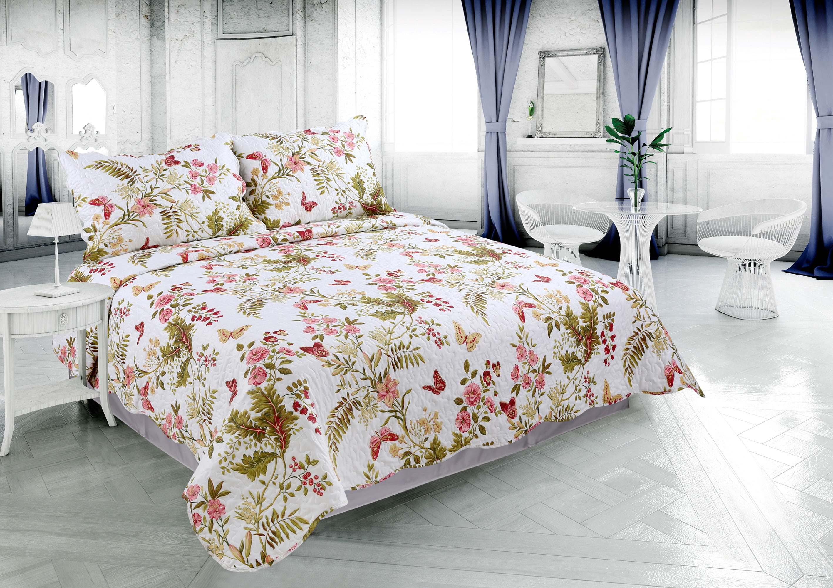 Marina Decoration Rich Printed Stitching Coverlet Bedspread Ultra Soft Summer Quilt Set with Quilted Shams, Butterfly and Flower Pattern Pink Green Red Color