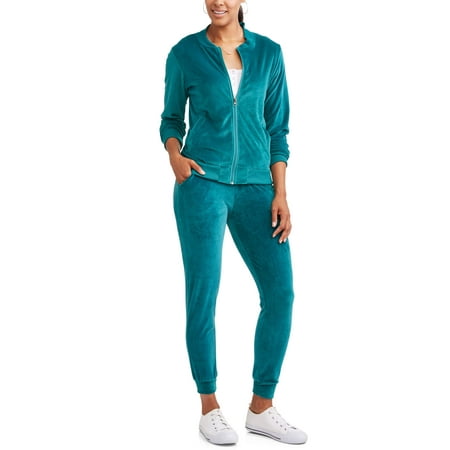 Ladies Leather Suit - Cascade Blue Women's Velour Bomber Jacket and Jogger Pant Tracksuit