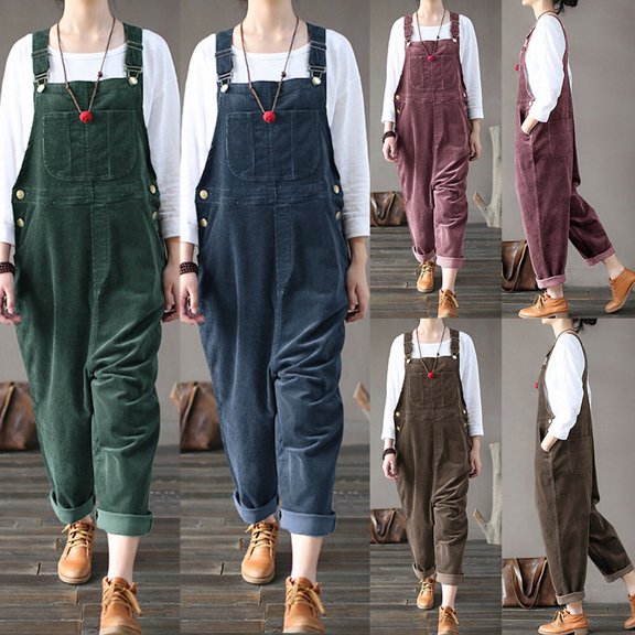 SNOWSONG Jumpsuits for Women, Corduroy Overalls for Women Casual Adjustable Jumpsuit with Pockets, Denim Jumpsuits, Baggy Jumpsuits for Women Blue L