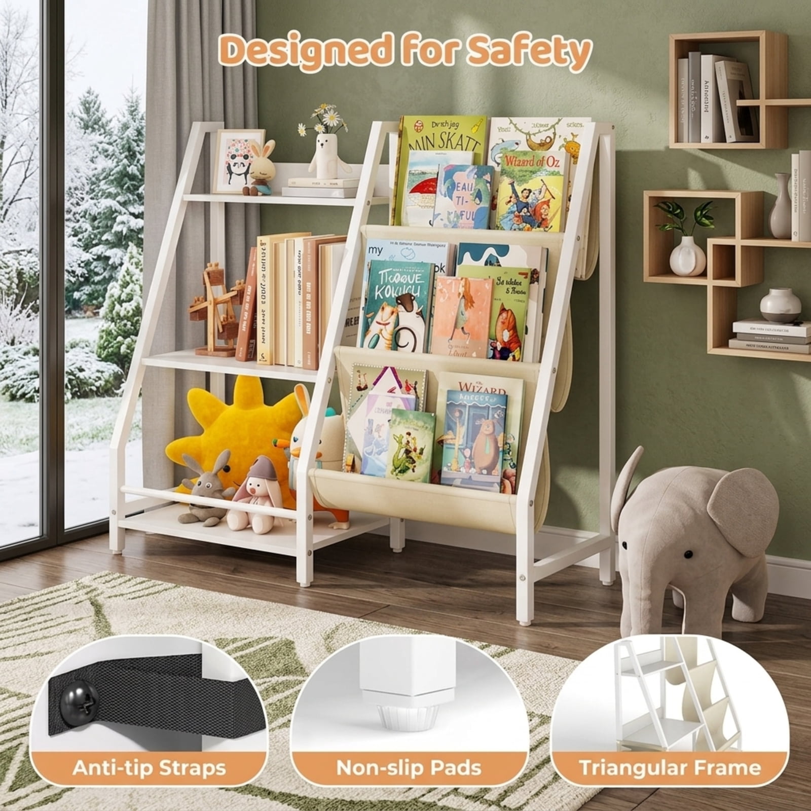 Fenbeli 3-Tier Kids Bookshelf and Toy Storage, White Bookcase with Display Compartments Side Pockets and Anti-Tip Strap, Organizer for Nursery Bedroom and Playroom