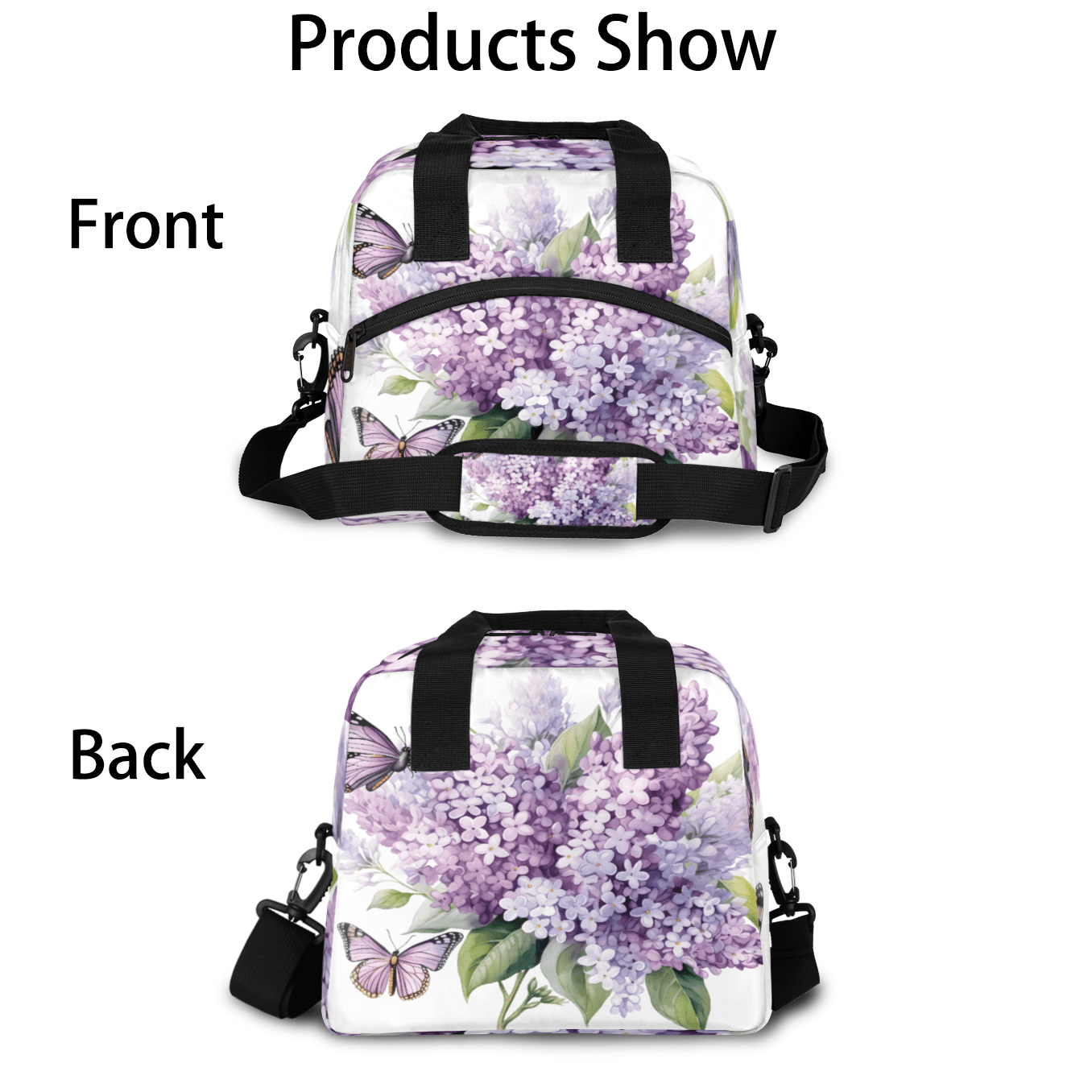 Herdesigns Purple Hydrangea Butterfly Insulated Lunch Bag for Women Men Adults Large Reusable Lunch Box Leakproof Portable Cooler Tote Bags with Adjustable Shoulder Strap