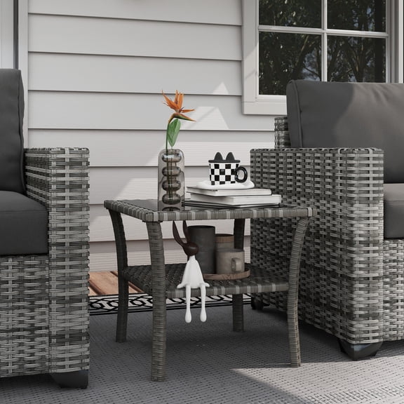 Outsunny 2-Tier Design Patio Wicker Coffee Table, Aluminum, Glass Top Side Table, Mixed Gray