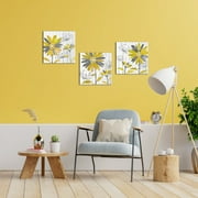 Visual Art Decor Yellow and Gray Daisy Flower Framed Canvas Wall Art Clearance Pictures Poster Prints for Bathroom Bedroom Painting Girl Room Gallery Poster Artwork Ready to Hang 12"x12"x3 Pcs