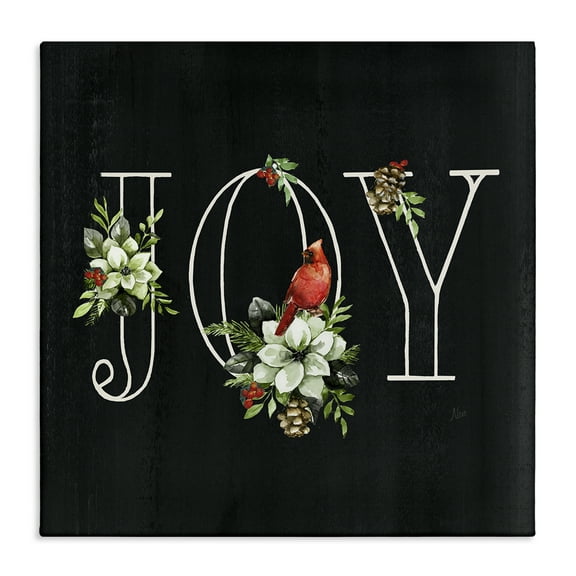 Stupell Industries Joy Letters with Florals Holiday Painting Gallery Wrapped Canvas Art Prints Wall Art, 17 x 17