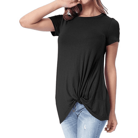 Summer Fashion Women Short Sleeved Solid Color Cotton T-shirt Knot Tee