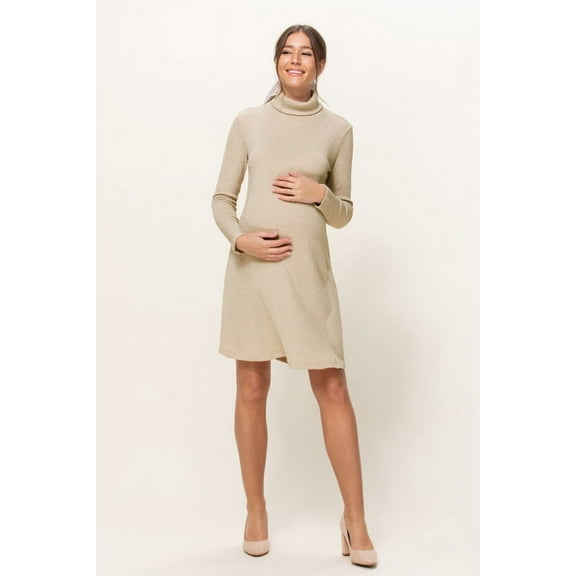 Turtleneck Long Sleeve Maternity Ribbed Knit Dress