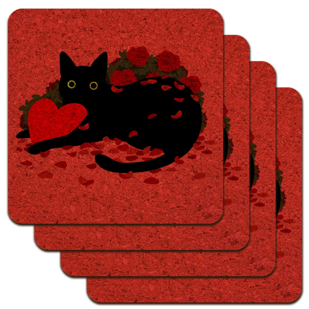 Black Cat Valentines Heart Rose Petals Love Low Profile Novelty Cork Coaster Set