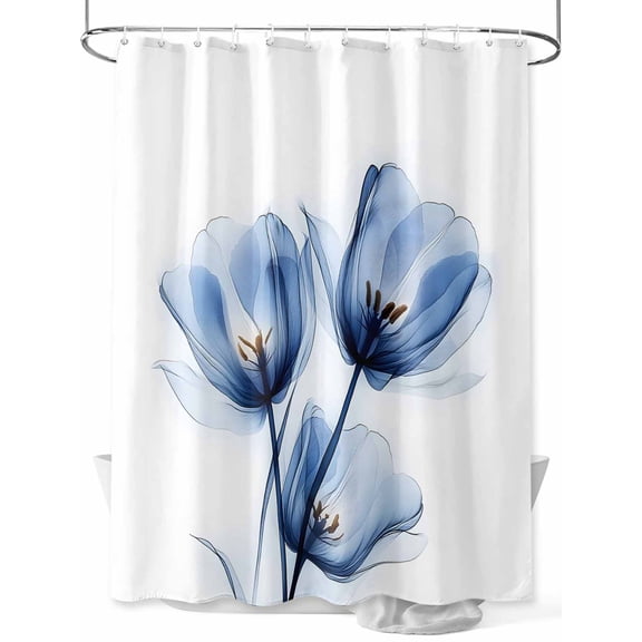 Fsddascl Blue Flowers Shower Curtain Set - Extra Long 72" x 96" Washable Bathtub Curtain with 12 Hooks, Minimalism Botanical Ombre Tulip Floral Waterproof Fabric Stall Shower Curtains for Bathroom