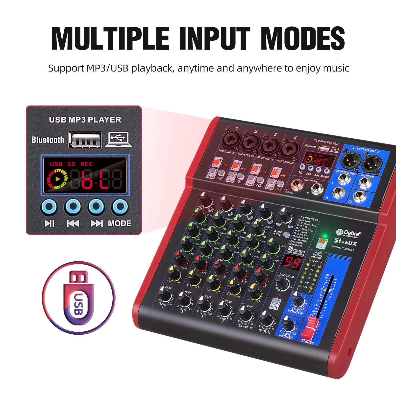 High sound quality! D Debra Audio Pro Portable Recording Mixer Audio With USB 99 DSP Digital Effects For DJ Mixer Console Karaoke Recording Studio (SI-6UX (6 Channel))