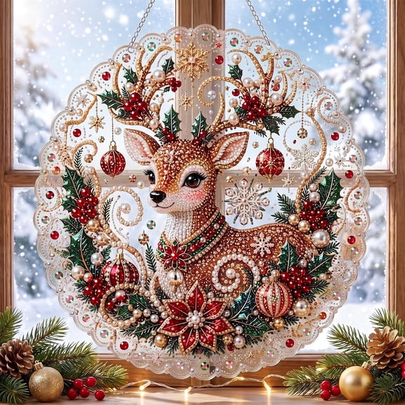 VOUKER Diamond Painting Art Kit, Christmas Pearl Diamond Art Hanging Decor, DIY Gem Craft for Window Wall Mantel and Door