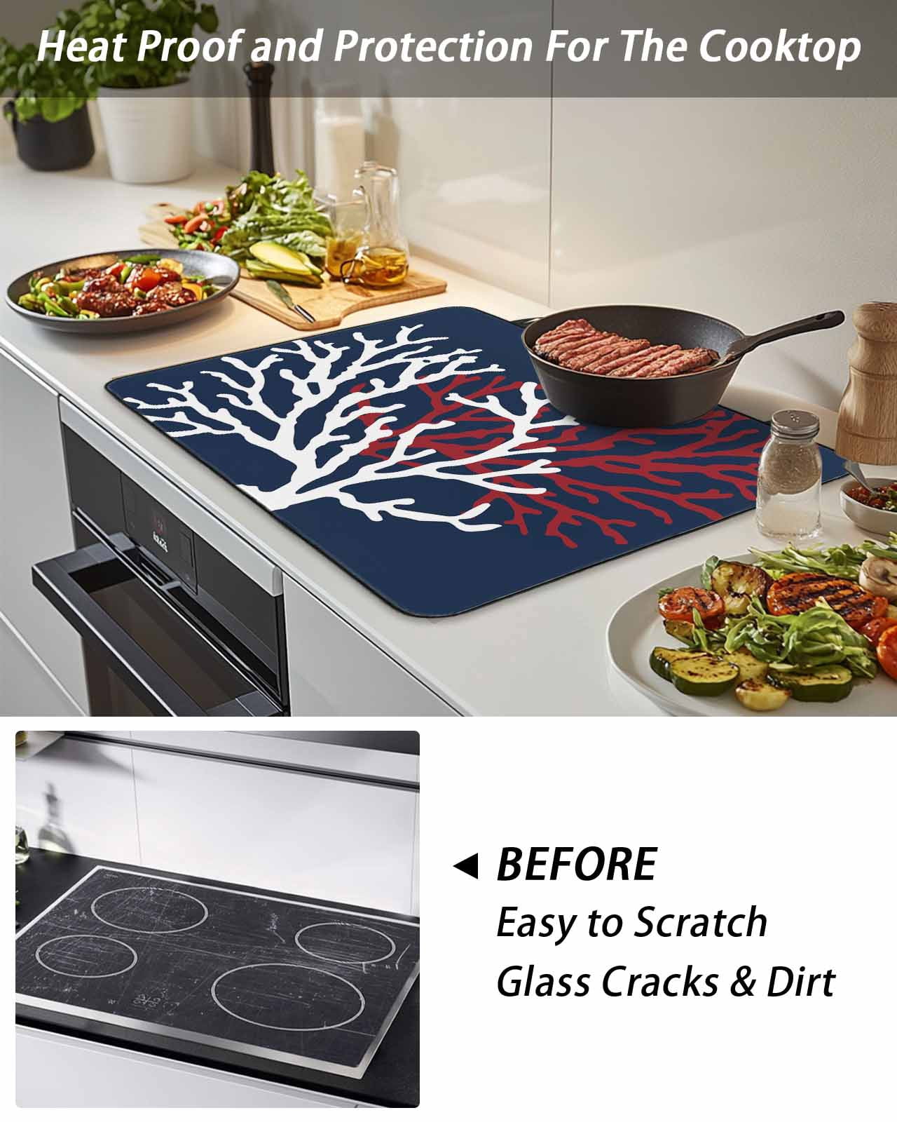 Stove Top Covers for Electric Stove, Red White Coral Glass Stovetop Cover Protector, Summer Ocean Nautical Coastal Navy Blue Induction Cooktop Protector Oven Mat for Kitchen Countertop 24"x21"