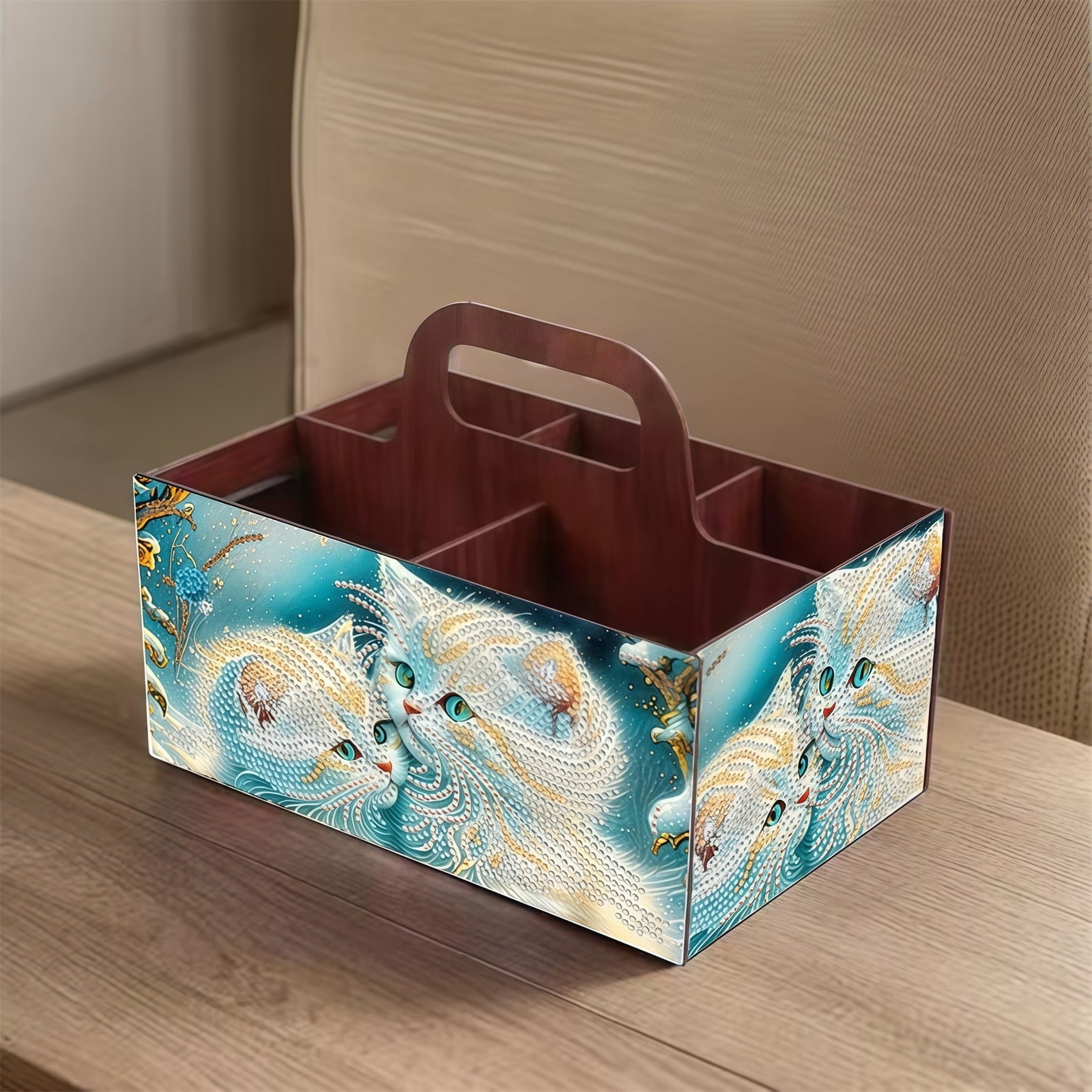 FLOPESN DIY Cat Diamond Art Painting 5 compartments Wooden Storage Box, 9.44*8.14in, Practical Rectangular Assembly Portable Multi-Grid Box
