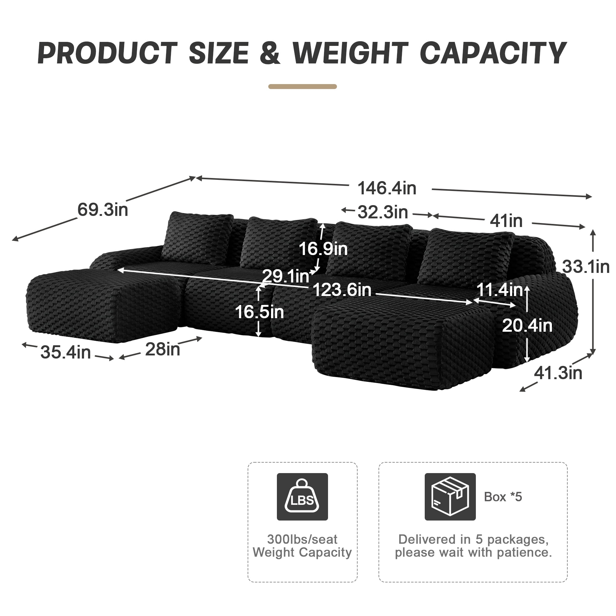Aukfa 146" U-Shaped Modular Cloud Sectional Sofa, Oversized Deep-Seat 6-Seater Couch with 2 Ottomans, Flannelette Upholstered Boneless Sofa, Black