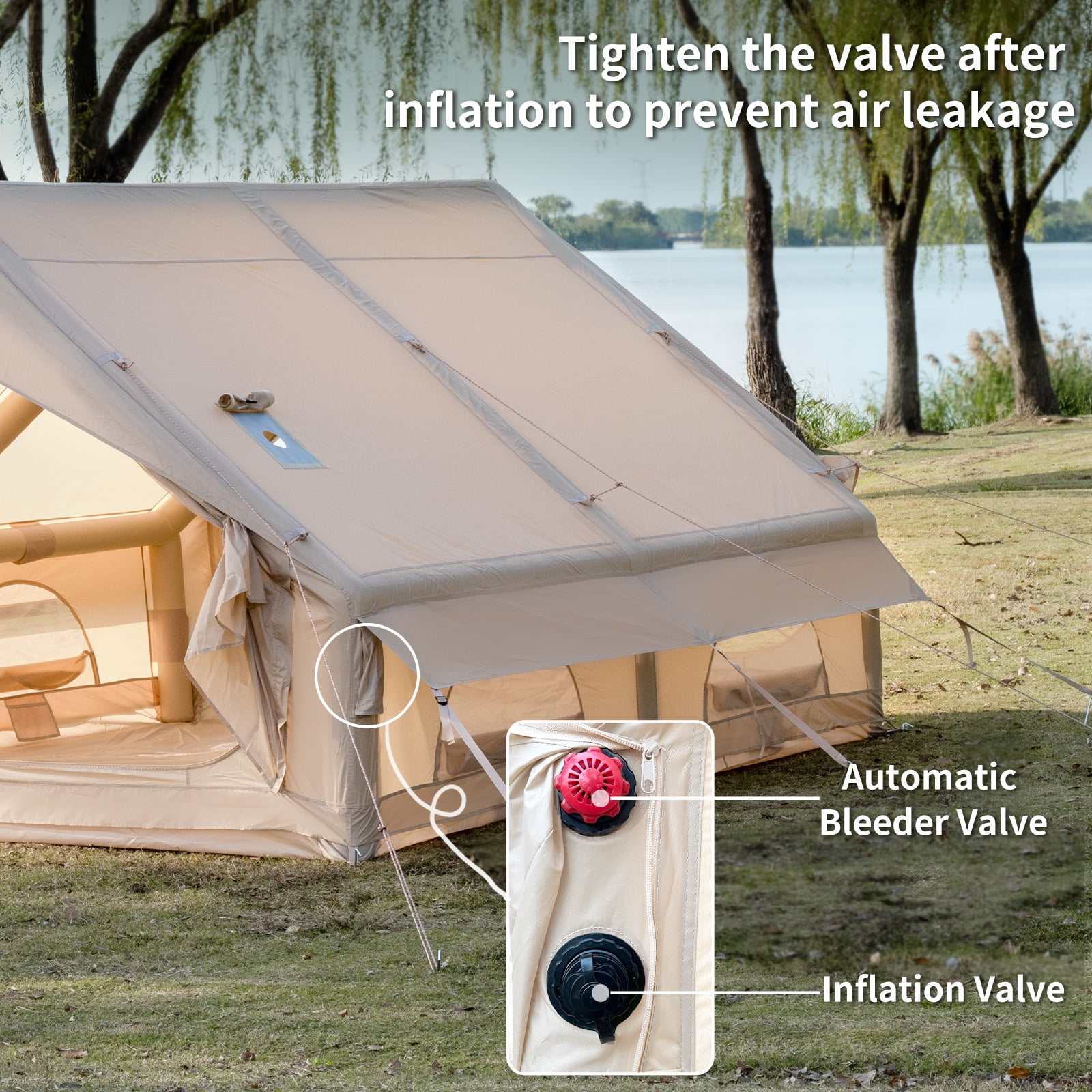 Waldmate Inflatable Camping Tent for 6-8 Person, Glamping Tent with Stove Jack Hand Pump, Oxford Waterproof Blow up Tent with Mesh Windows & Door