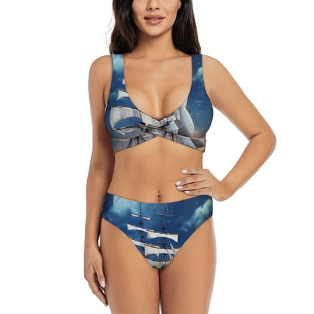 Zeuib Moonlit Night Sea Sailboat High Waisted Tummy Control Bikini Set - Knot Front Push Up Top & Cheeky Thong Bottom  Two-Piece Swimsuit for Women-Medium