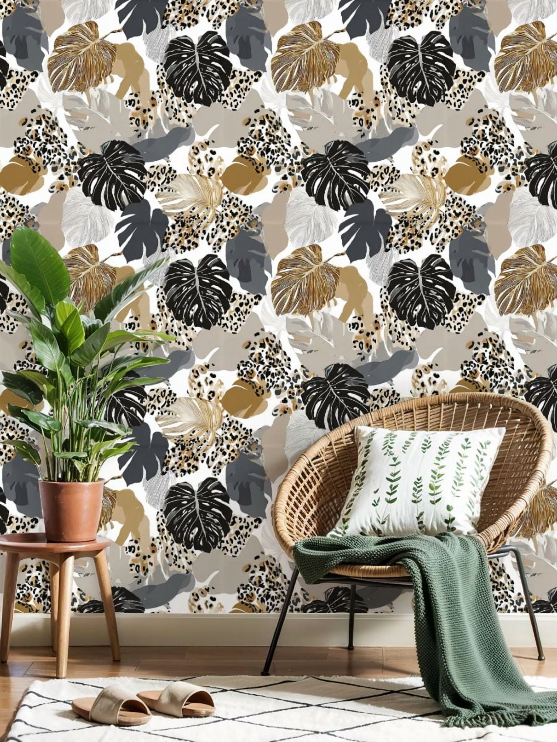Peel and Stick Wallpaper 17.7in x 9.8ft Monstera Leaves Leopard Print Seamless Earth Tones Contact Paper Vinyl Self-Adhesive Removable Wall Paper for Bedroom DIY Home Decor Renter Friendly