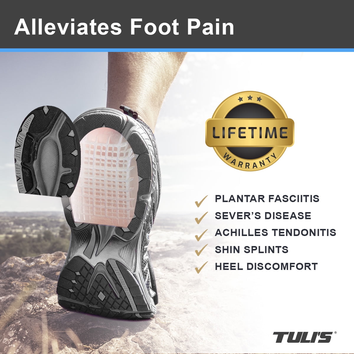 Tuli's Heavy Duty Gel Heel Cups for Plantar Fasciitis, Sever’s Disease & Heel Pain Relief, 1 Pair, Large