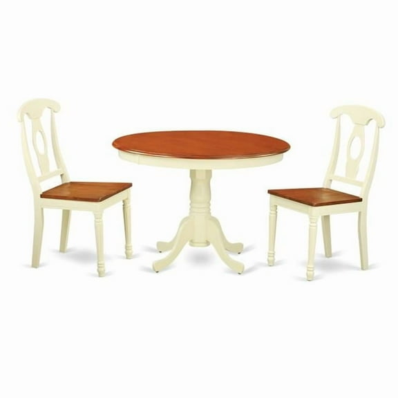 Dining Set - One Round Kitchen Table & Two Chairs Wood Seat, Buttermilk & Cherry - 42 in. - 3 Piece