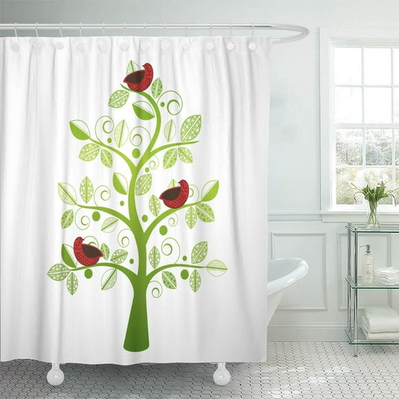 SUTTOM Green Family Birds in Tree Red Partridge Dove Whimsical Funky Nature Beautiful Shower Curtain 66x72 inch