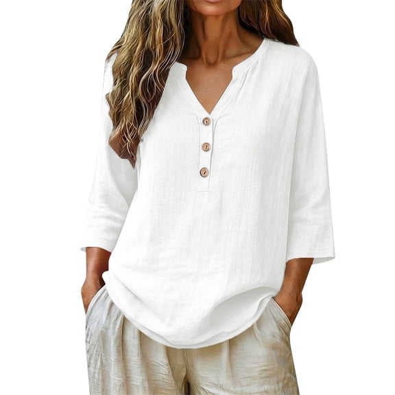 MVRLSH Womens Tops Shirts Blouse Casual 3/4 Sleeve V Neck Button Solid Plus Size Breathable Summer Top Loose Fit Linen Blouses White - XXXXXL