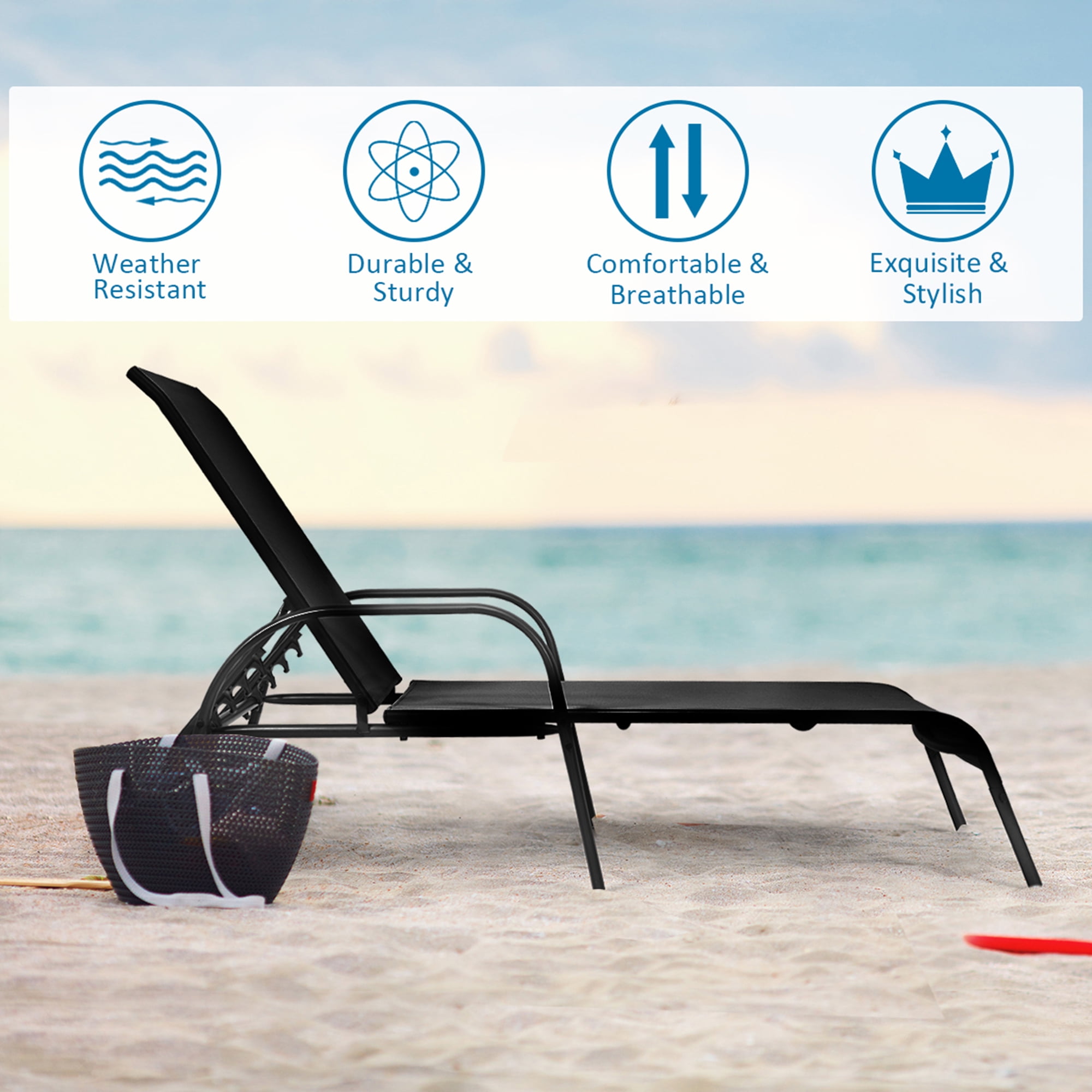 Gymax Reclining Fabric Outdoor Chaise Lounge - Set of 2, Black