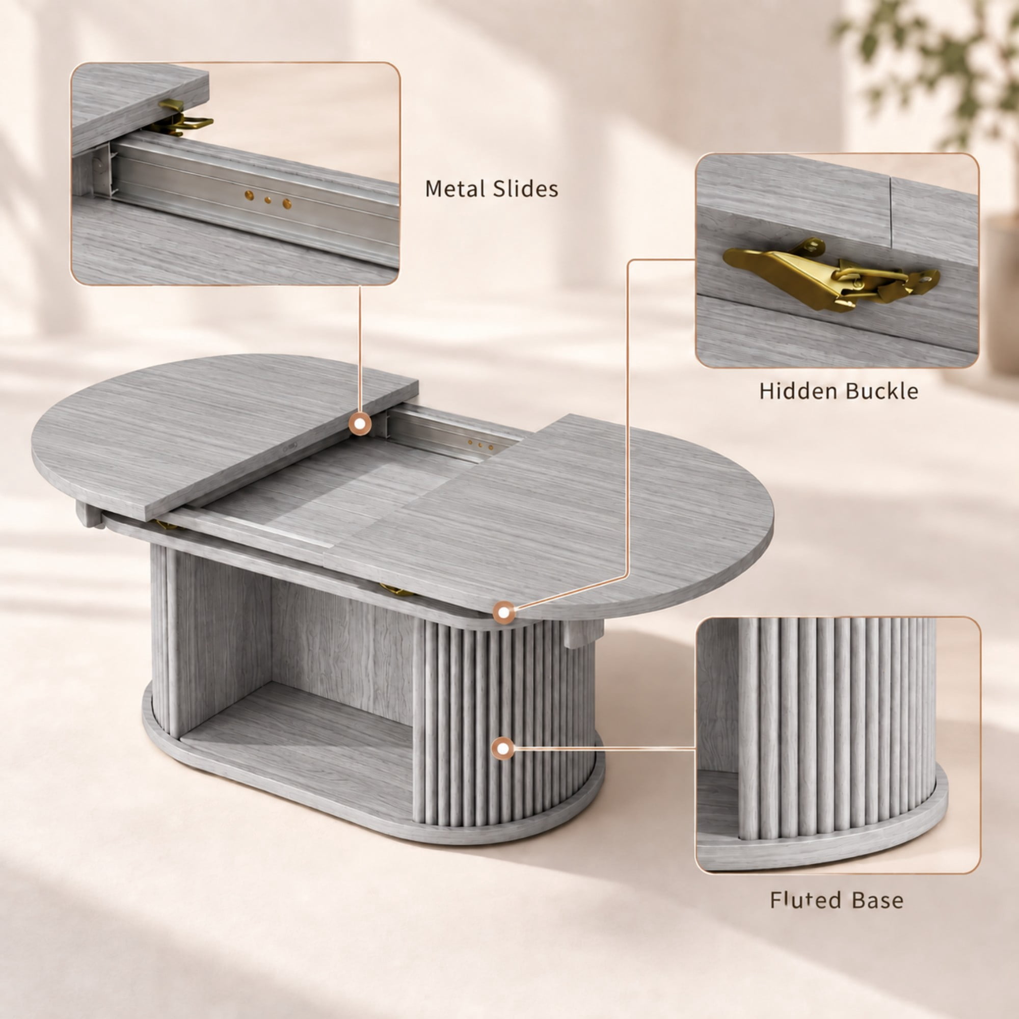 Lacoo Extendable Oval Coffee Table with Storage, Fluted Base with Cubby for Living Room, Den, Gray