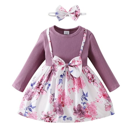 

LIhncine Girls Dress Toddler Dress Girls Winter Long Sleeve Flower Print Bow Princess Dress With Headbands (Purple 6-9 Months)